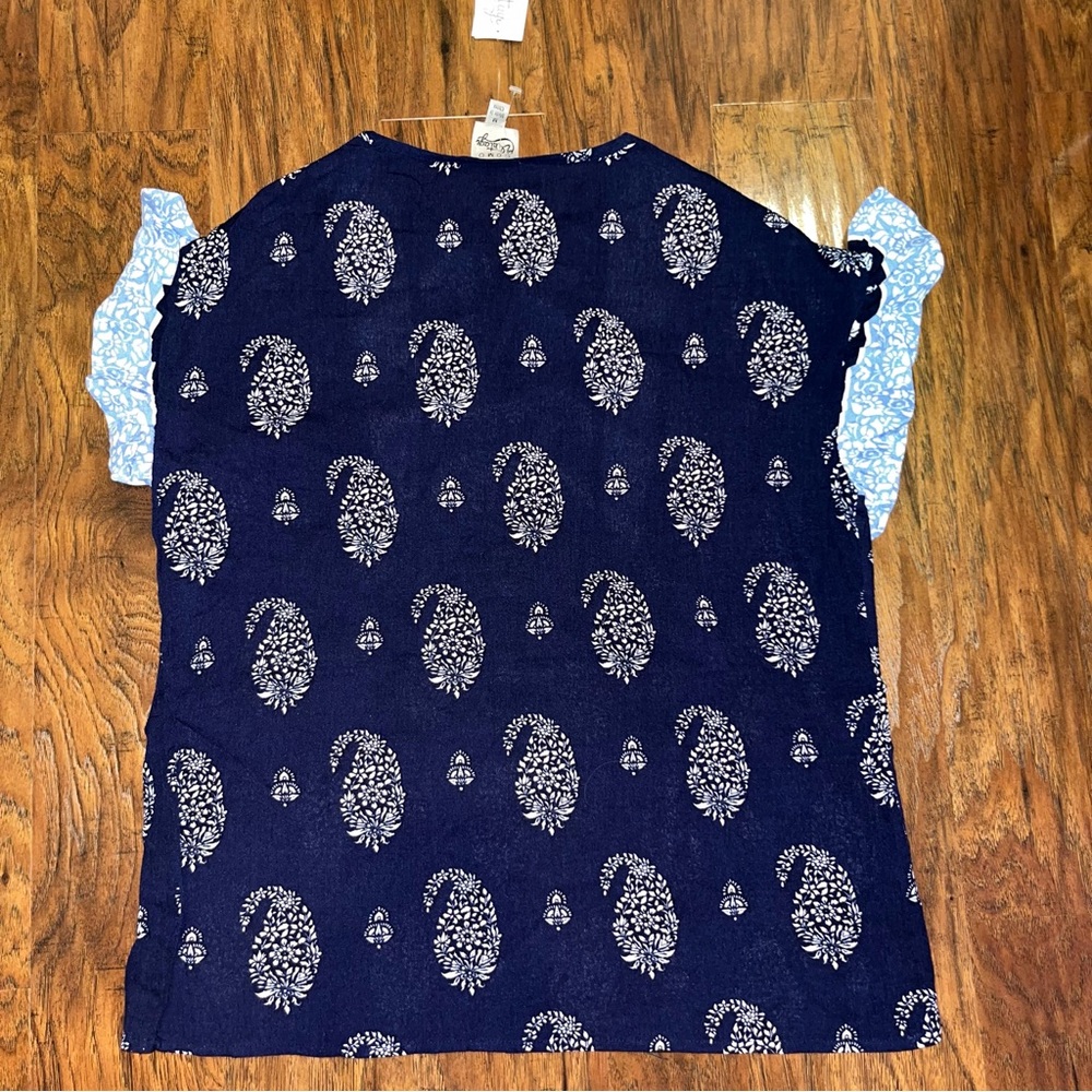 NEW Navy Blue Paisley Blouse with Ruffle Sleeves Women’s Medium - Picture 4 of 6
